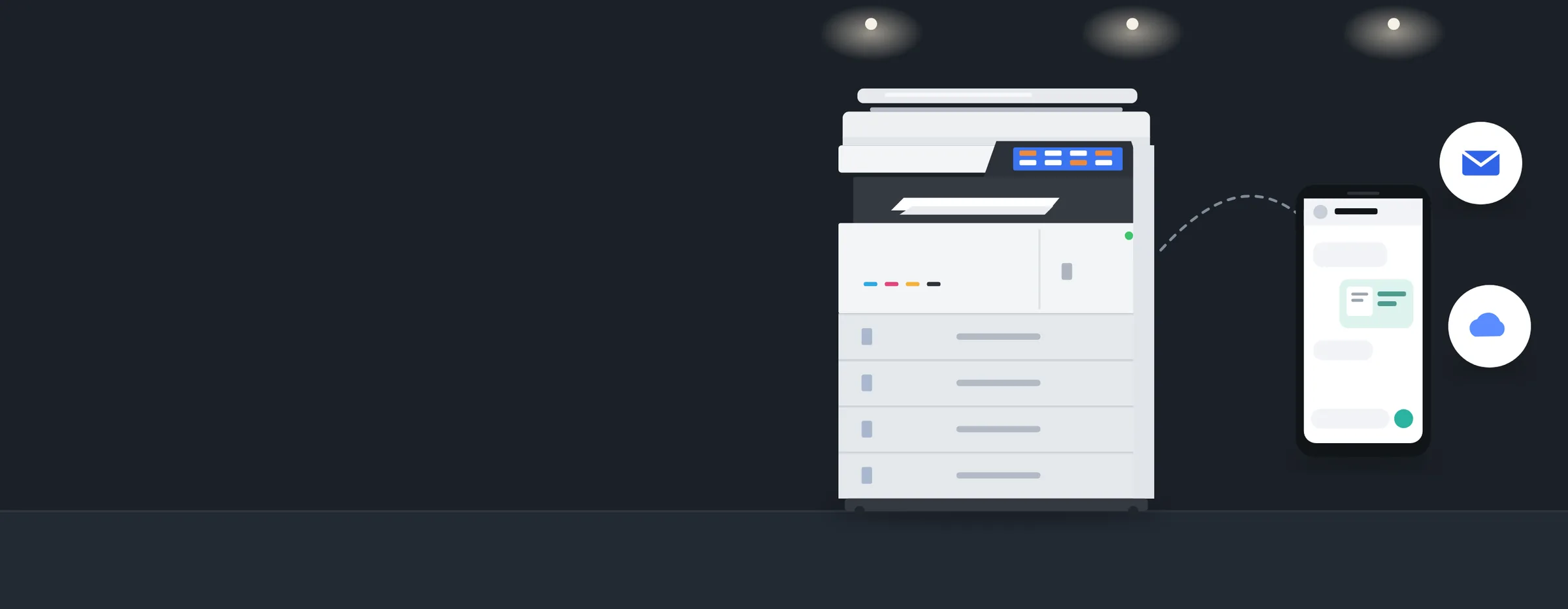 Ilustração: multifunção a enviar um documento digitalizado para um telemóvel, com email e nuvem