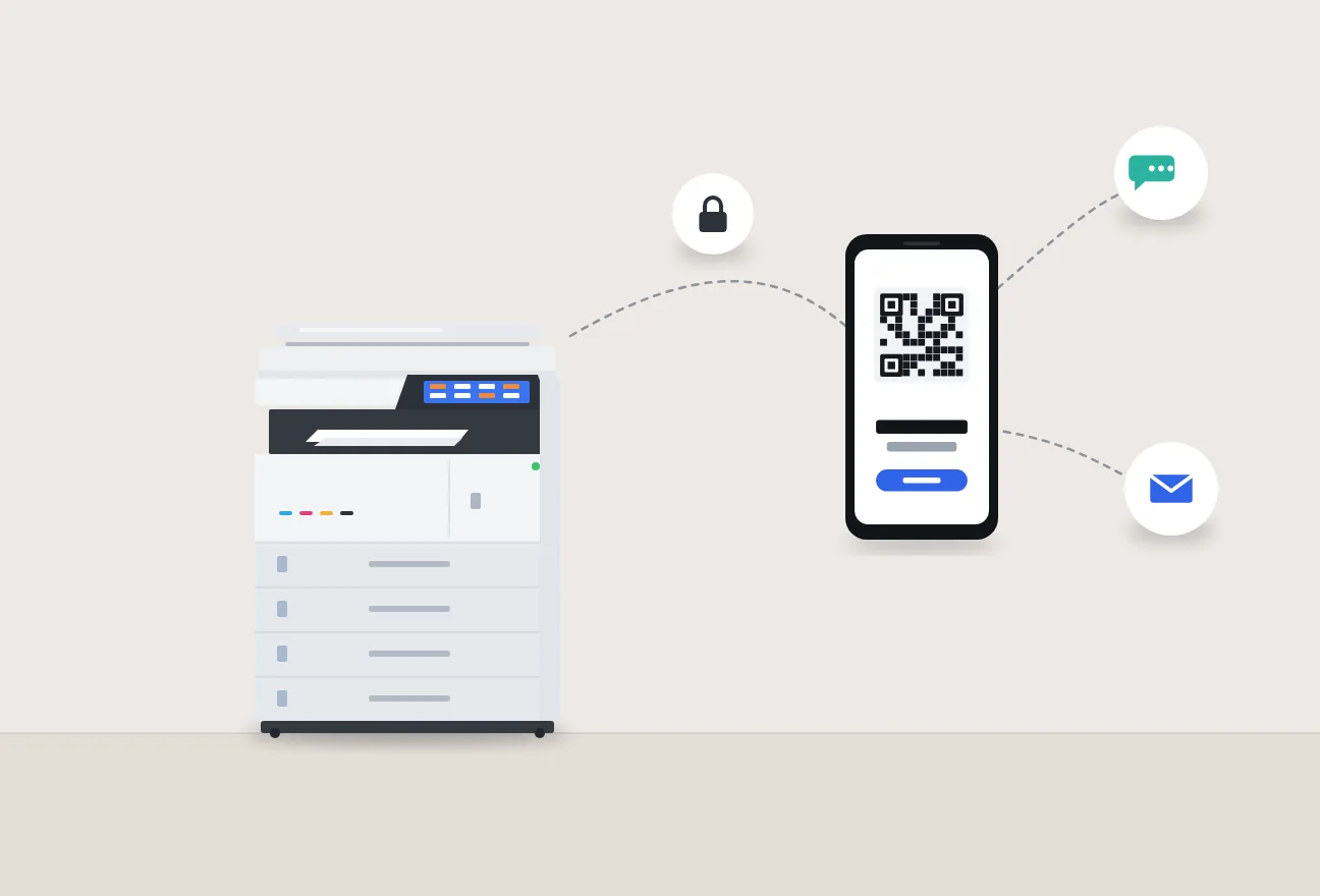 Ilustração: multifunção ligada por código QR a um telemóvel, com mensagem e email