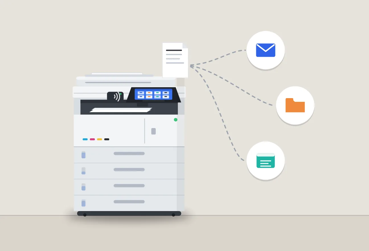 Ilustração: multifunção que envia documentos digitalizados para email, pastas e aplicações