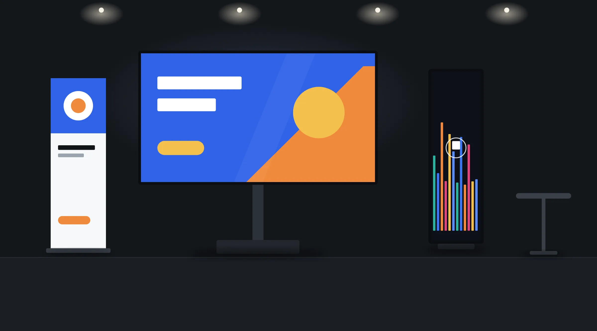 Ilustração: zona de demonstração com ecrã LED e poster LED